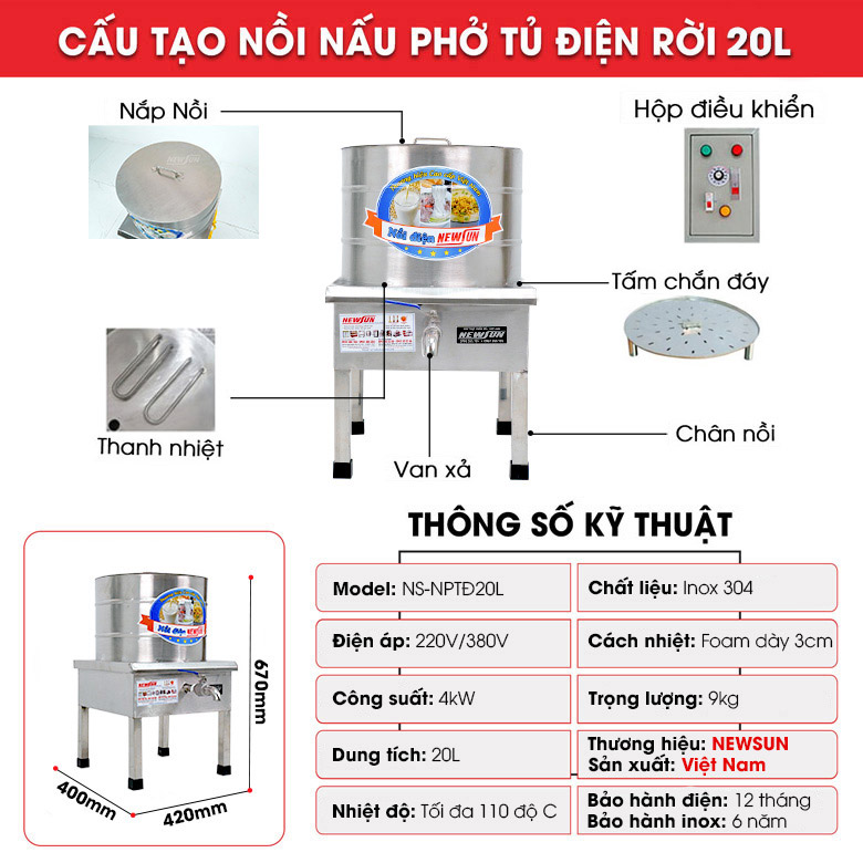 Nồi nấu phở Việt Nam 20 lít (tủ điện rời) Cấu tạo của nồi nấu phở tủ điện rời 20L