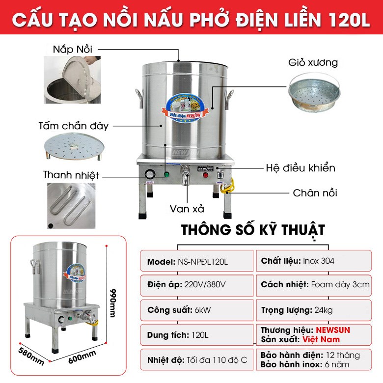 Cấu tạo nồi nấu phở Việt Nam 120 lít (điện liền)