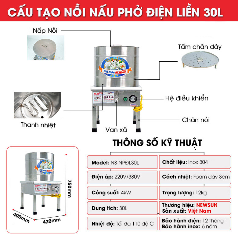 Cấu tạo nồi nấu phở Việt Nam 30 lít (điện liền)