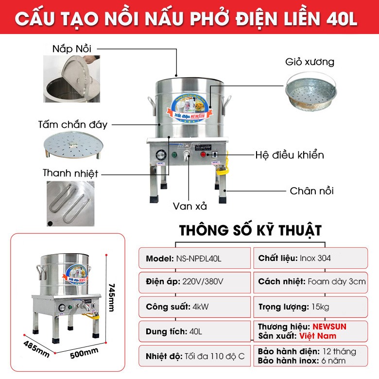 Cấu tạo nồi nấu phở Việt Nam 40 lít điện liền