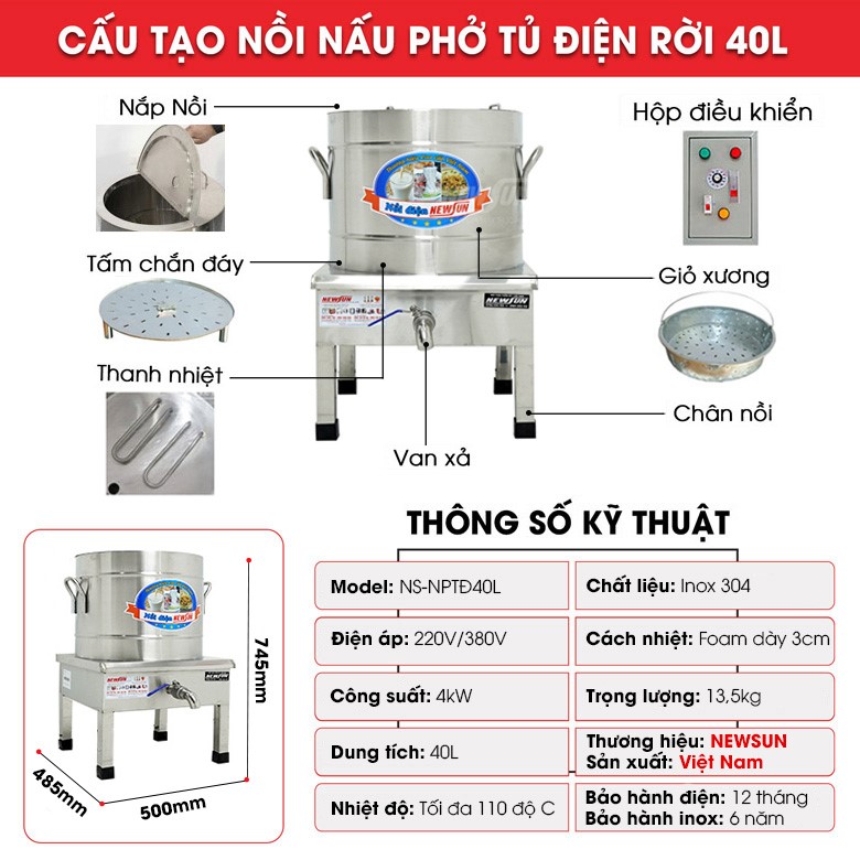 Nồi nấu phở Việt Nam 40 lít (tủ điện rời) Cấu tạo nồi nấu phở tủ điện 40 lít