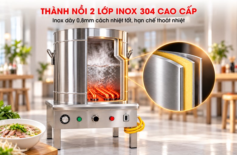 Nồi nấu phở Việt Nam 120 lít (điện liền) Giữ nhiệt tốt nhờ thành nồi có lớp bảo ôn cách nhiệt