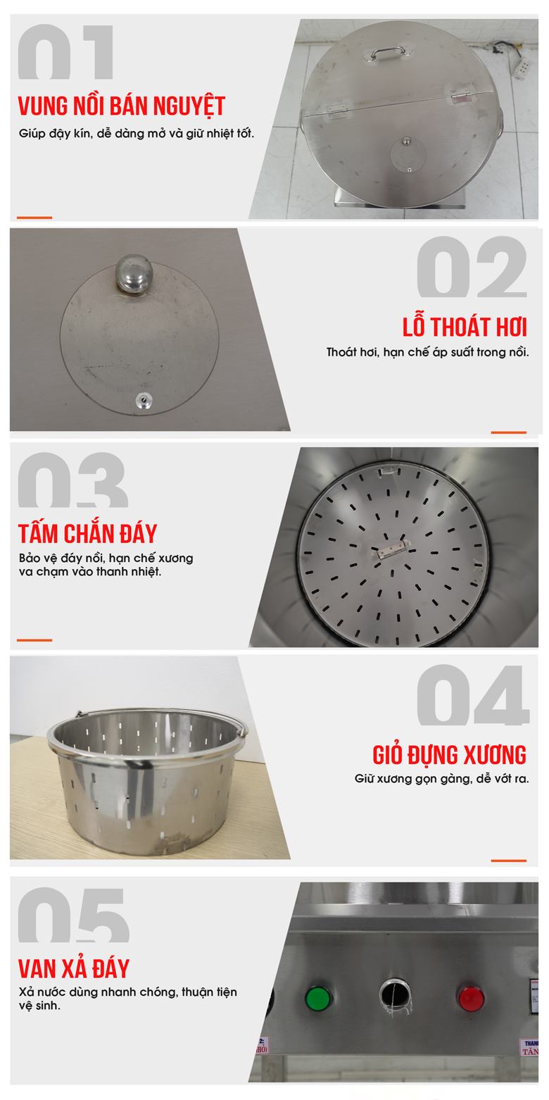 Nồi nấu phở Việt Nam 120 lít (điện liền) Các chi tiết thiết kế tối ưu, sử dụng thuận tiện