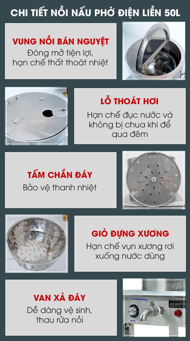 Các chi tiết nồi nấu phở Việt Nam 50 lít điện liền