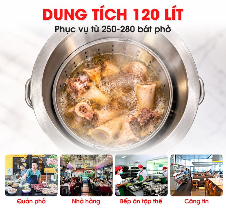 Nồi nấu phở Việt Nam 120 lít (điện liền) Dung tích lớn phù hợp với nhiều đơn vị kinh doanh