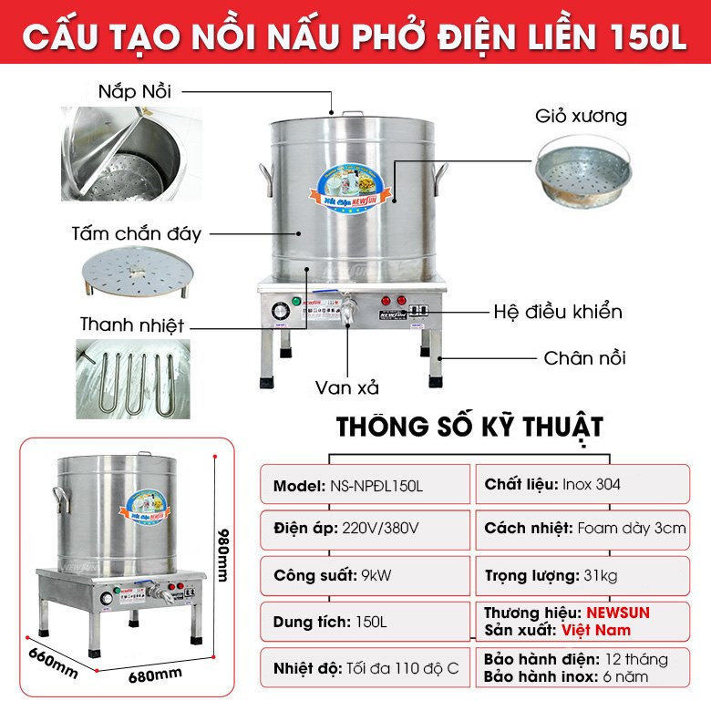 Cấu tạo nồi nấu phở Việt Nam 150 lít (điện liền)