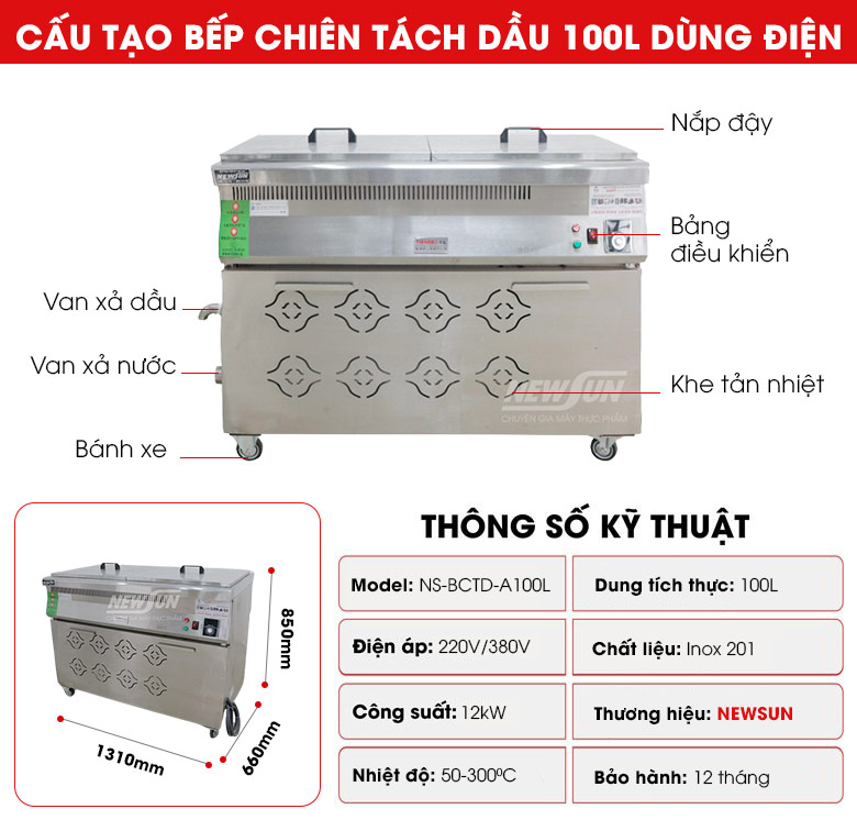 Cấu tạo bếp chiên tách dầu 100 lít dùng điện BCTD-A100L