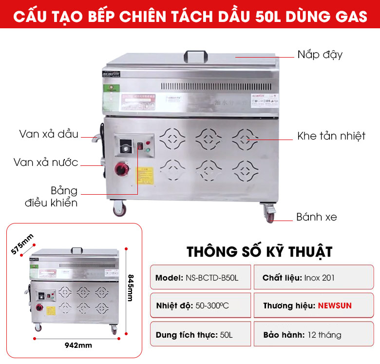 cấu tạo bếp chiên tách dầu 50 lít dùng gas BCTD-B50L