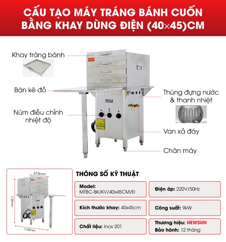 Cấu tạo máy tráng bánh cuốn MTBC-BK/KV/40x45CM/Đ