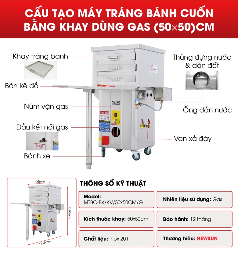 Cấu tạo máy tráng bánh cuốn MTBC-BK/KV/50x50CM/G 