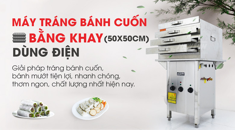 Máy tráng bánh cuốn bằng khay dùng điện (50×50)cm là thiết bị tráng bánh cuốn hiện đại đảm bảo vệ sinh và an toàn cho người dùng