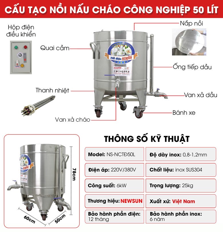 cấu tạo nồi cháo điện công nghiệp 50l NCTĐ50L