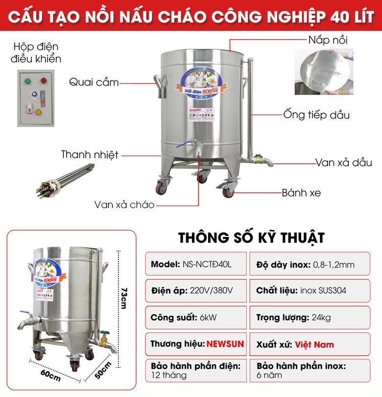 Cấu tạo nồi điện nấu cháo công nghiệp 40l NCTĐ40L