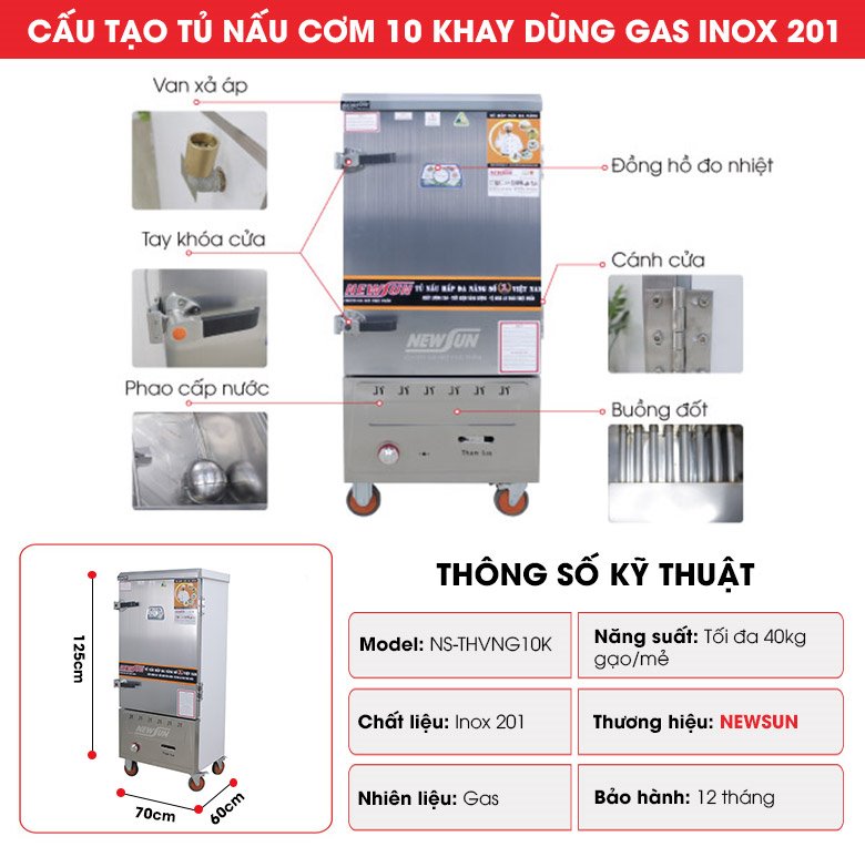 Cấu tạo tủ cơm gas 10 khay THVNG10K