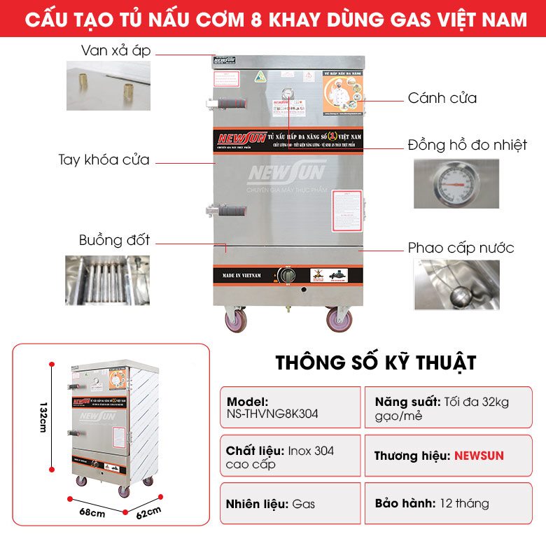 Cấu tạo tủ cơm gas 8 khay THVNG8K304