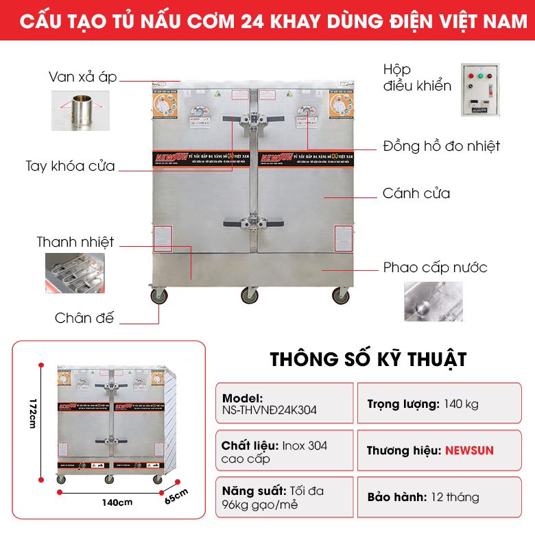 Cấu tạo tủ nấu cơm công nghiệp 100kg THVNĐ24K304