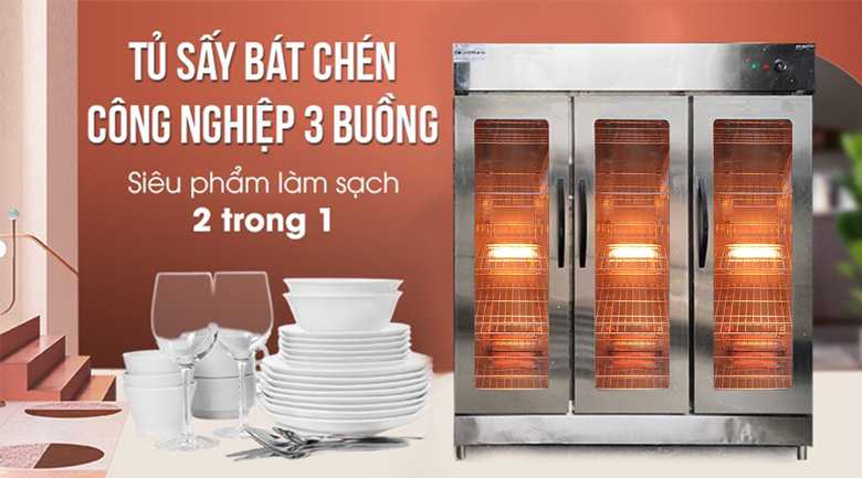 Tủ sấy bát chén công nghiệp 3 buồng 15 khay 