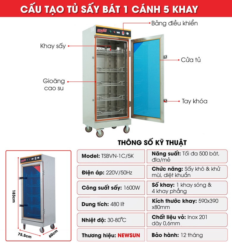 Cấu tạo tủ sấy chén công nghiệp TSBVN-1C/5K