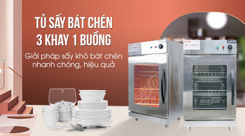 Tủ sấy bát chén 3 khay 1 buồng dành cho các quán ăn, nhà hàng nhỏ 