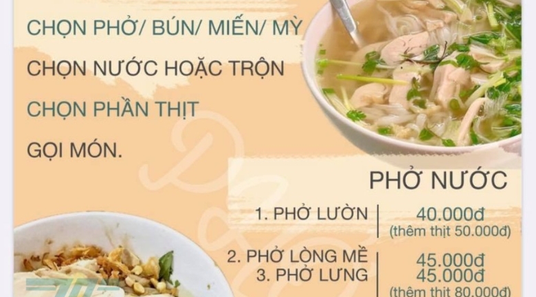 Menu phở Nguyệt đa dạng cho khách hàng dễ dàng lựa chọn