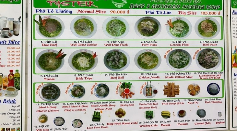 Menu tại phở Hoà Pasteur vô cùng đa dạng để thực khách lựa chọn