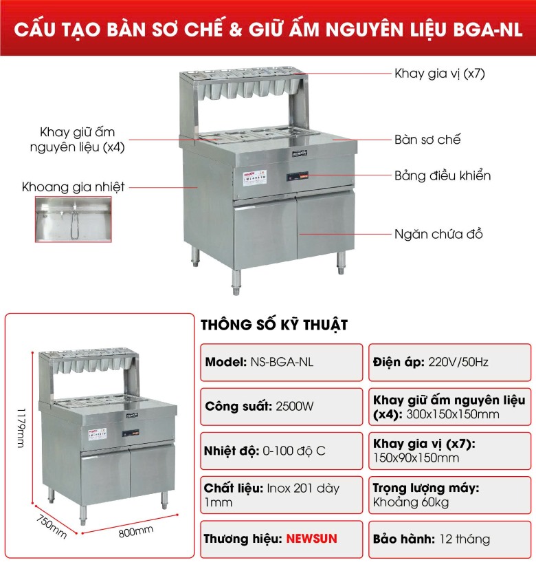 Cấu tạo của bàn sơ chế và giữ ấm nguyên liệu BGA-NL 11 khay