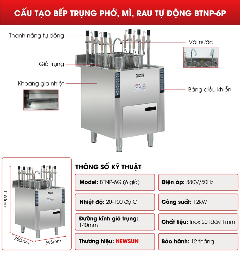 Cấu tạo của bếp trụng mì tự động BTNP-6G 6 hộc