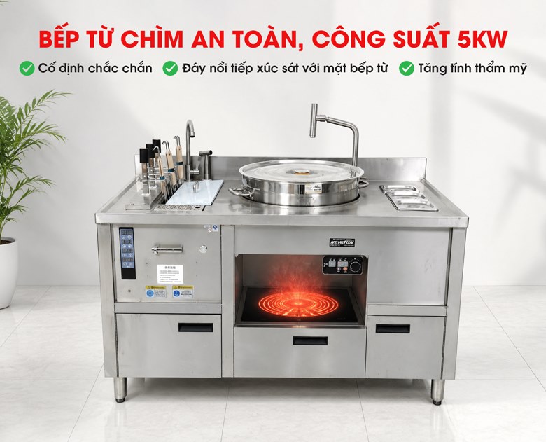 Bếp trụng mì phở tự động 3 giỏ kèm nồi nước dùng và khay gia vị NS-DB-3-503 Bếp từ công suất 5kW