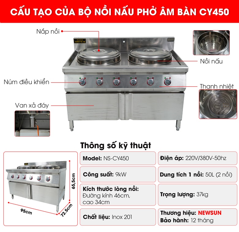 Bộ nồi nấu phở âm bàn 100L CY450 (2 nồi) Cấu tạo của bộ nồi nấu phở âm bàn CY450