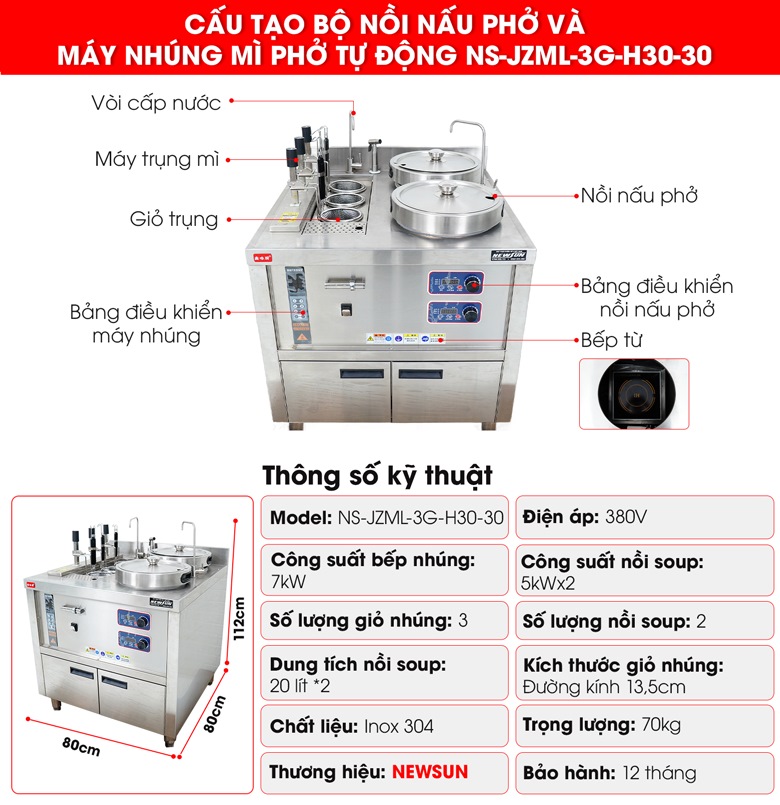 Bộ nồi nấu phở đôi và máy nhúng phở tự động JZML-3G-H30-30 Cấu tạo bộ nồi nấu phở đôi và máy nhúng phở tự động JZML-3G-H30-30
