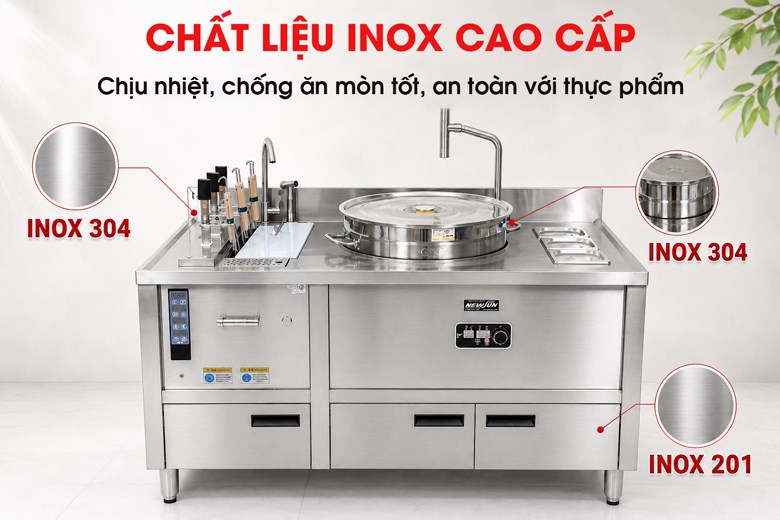 Bếp trụng mì phở tự động 3 giỏ kèm nồi nước dùng và khay gia vị NS-DB-3-503 Chất liệu inox 201, 304 cao cấp, độ bền lên tới 10 năm