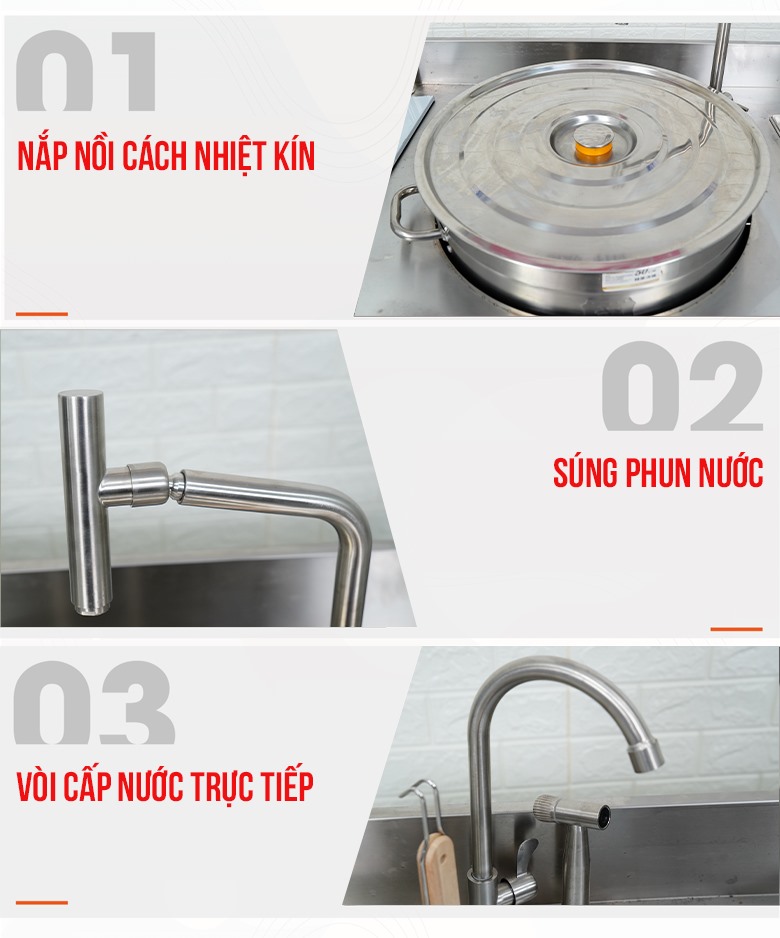 Bếp trụng mì phở tự động 3 giỏ kèm nồi nước dùng và khay gia vị NS-DB-3-503 bếp còn được thiết kế với các chi tiết tiện lợi khác