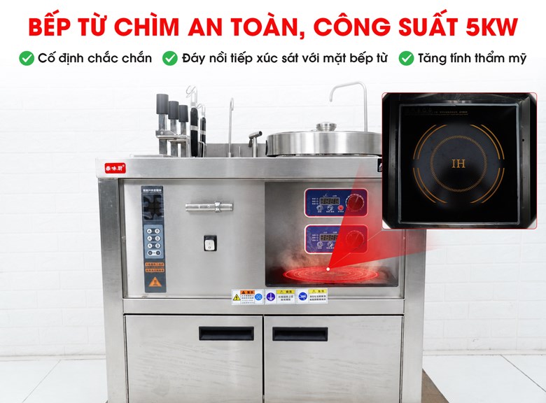 Bộ nồi nấu phở đôi và máy nhúng phở tự động JZML-3G-H30-30 mỗi nồi sử dụng bếp điện từ công suất 5kW
