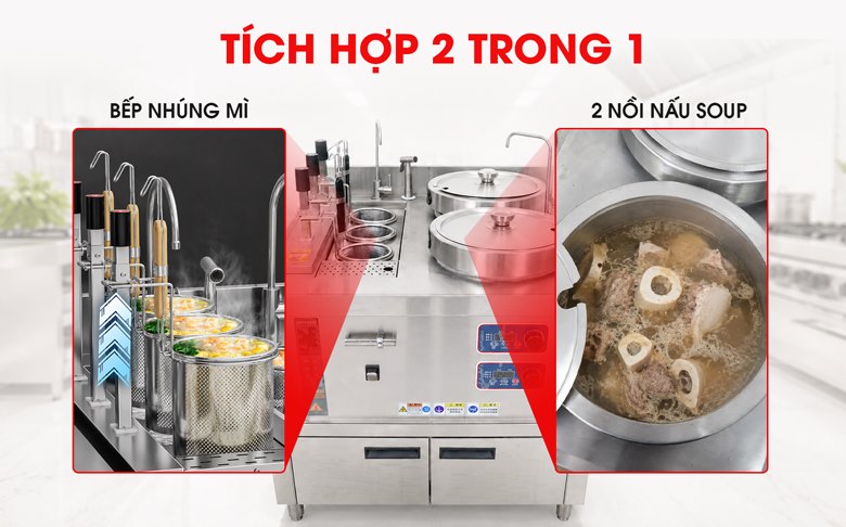 Bộ nồi nấu phở đôi và máy nhúng phở tự động JZML-3G-H30-30 Thiết kế tích hợp nồi nước dùng và máy nhúng phở