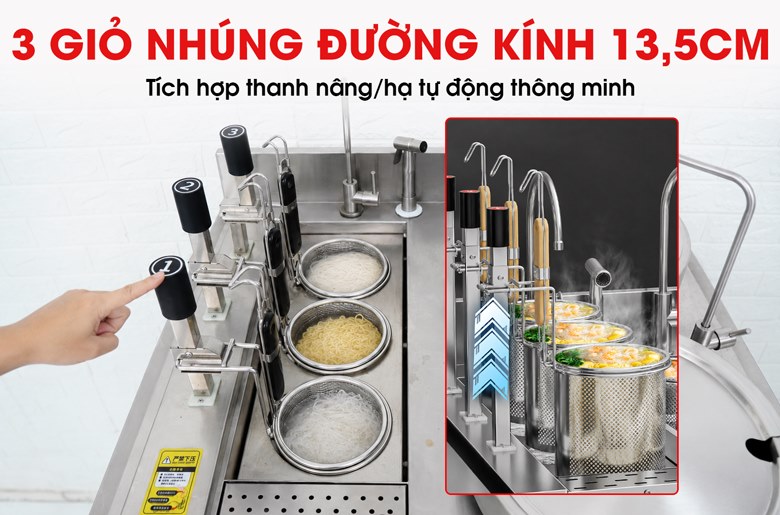Bộ nồi nấu phở đôi và máy nhúng phở tự động JZML-3G-H30-30 Trang bị 3 giỏ nhúng tự động
