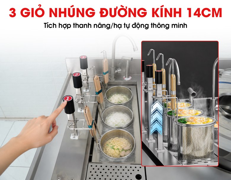 Bếp trụng mì phở tự động 3 giỏ kèm nồi nước dùng và khay gia vị NS-DB-3-503 3 giỏ nhúng đường kính 14cm