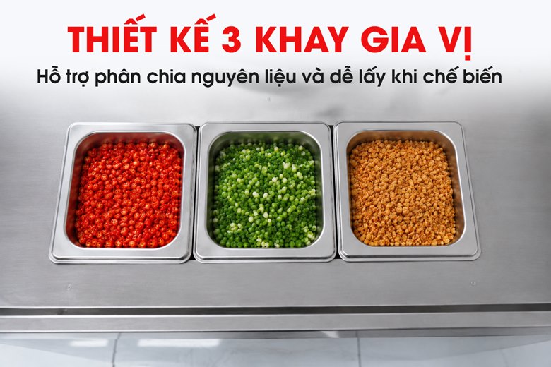 Bếp trụng mì phở tự động 3 giỏ kèm nồi nước dùng và khay gia vị NS-DB-3-503 3 khay inox gia vị ngay trên bệ bếp
