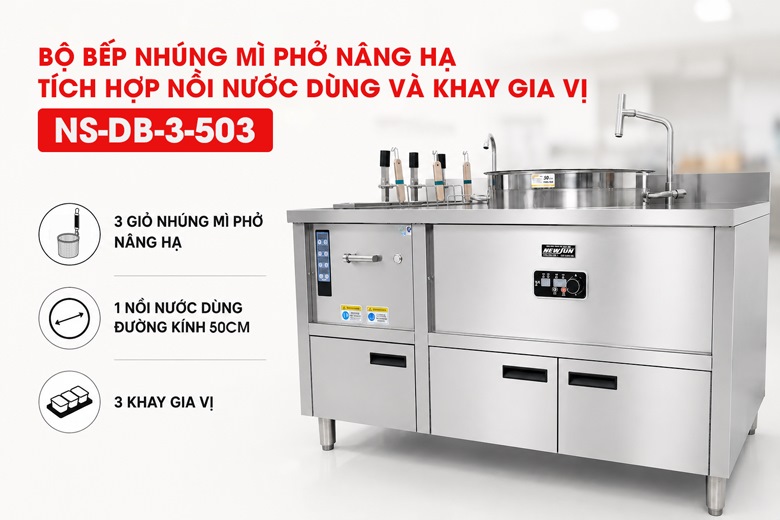 Bếp trụng mì phở tự động 3 giỏ kèm nồi nước dùng và khay gia vị NS-DB-3-503 Bếp trụng mì phở tự động 3 giỏ kèm nồi nước dùng và khay gia vị DB-3-503