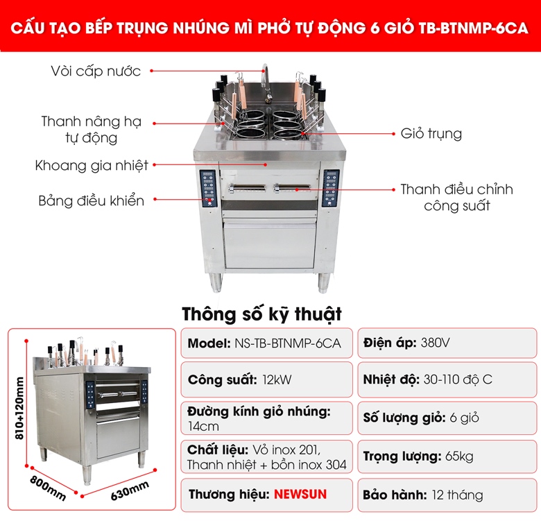 Bếp trụng nhúng mì phở tự động 6 giỏ 14cm TB-BTNMP-6CA Cấu tạo bếp trụng nhúng mì phở tự động 6 giỏ 14cm TB-BTNMP-6CA