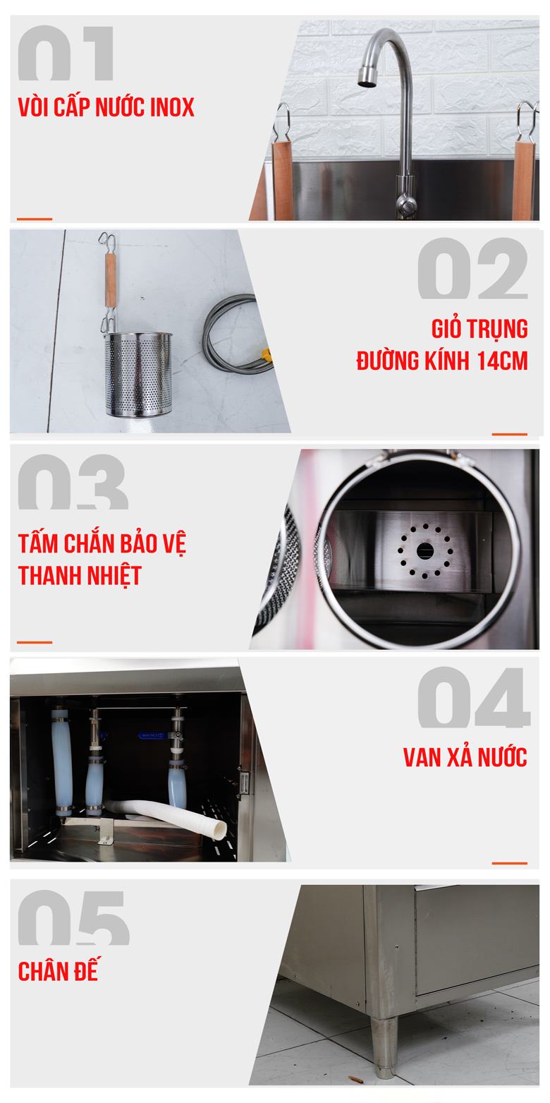 Bếp trụng nhúng mì phở tự động 6 giỏ 14cm TB-BTNMP-6CA Trang bị nhiều chi tiết hỗ trợ sử dụng