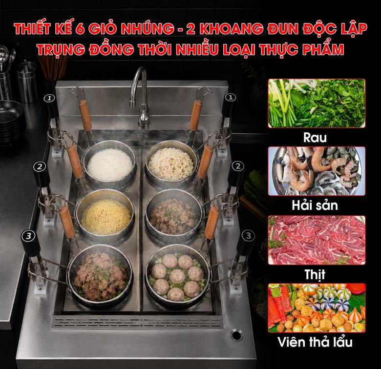 Bếp trụng nhúng mì phở tự động 6 giỏ 14cm TB-BTNMP-6CA 6 giỏ nhúng đường kính 14cm kết hợp 2 khoang đun độc lập