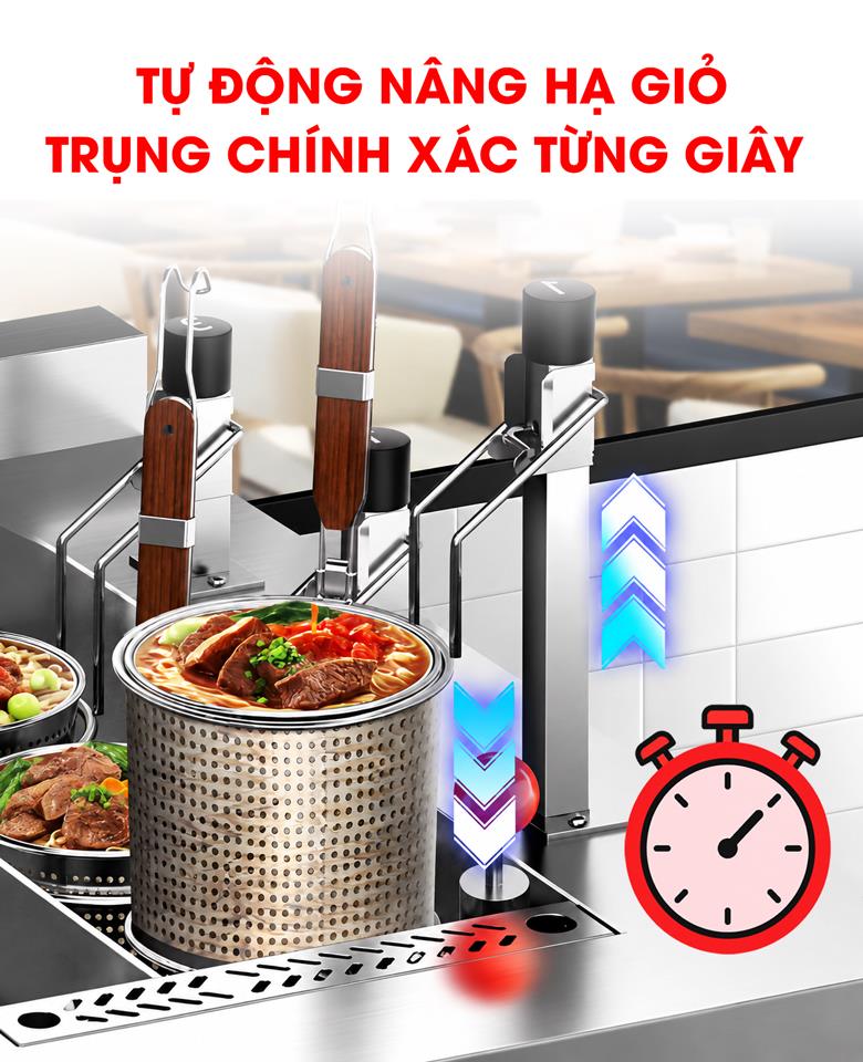 Bếp trụng nhúng mì phở tự động 6 giỏ 14cm TB-BTNMP-6CA Hệ thống nâng hạ giỏ hoàn toàn tự động