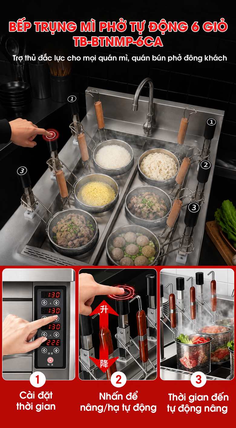 Bếp trụng nhúng mì phở tự động 6 giỏ 14cm TB-BTNMP-6CA Bếp trụng nhúng mì phở tự động 6 giỏ 14cm TB-BTNMP-6CA