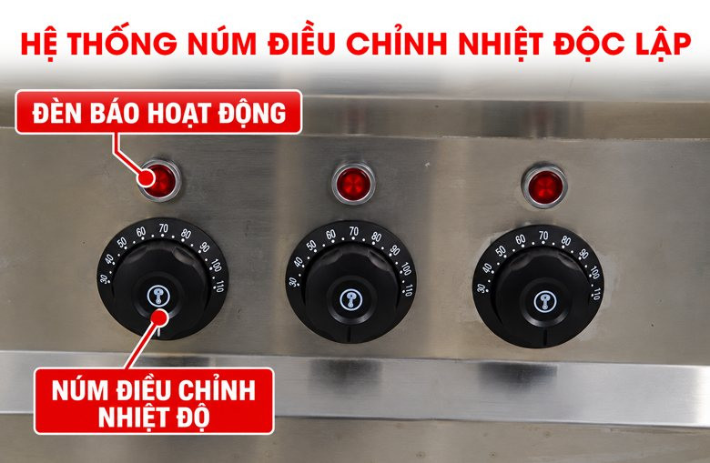 Núm điều chỉnh nhiệt riêng biệt, linh hoạt kiểm soát từng khu vực gia nhiệt