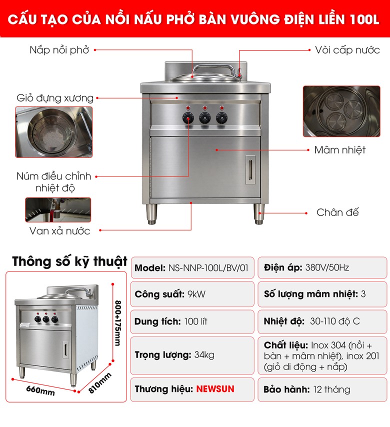 Cấu tạo của nồi nấu phở bàn vuông 100L