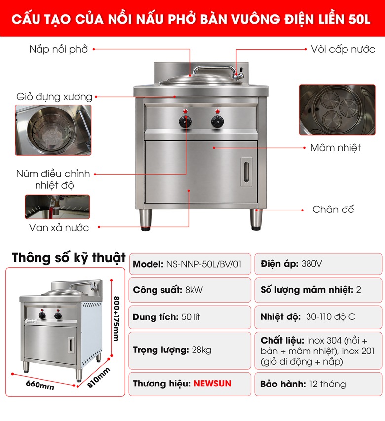 Nồi nấu phở bàn vuông 50L Cấu tạo nồi nấu phở bàn vuông 50L