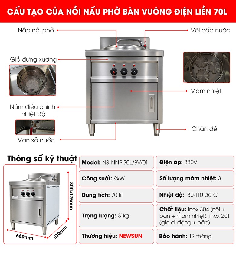 Nồi nấu phở bàn vuông 70L Cấu tạo của nồi nấu phở điện bàn vuông 70L