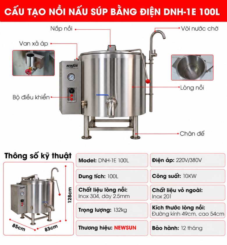 Nồi nấu súp bằng điện DNH-1E 100L Cấu tạo chi tiêt nồi nấu súp bằng điện DNH-1E 100L