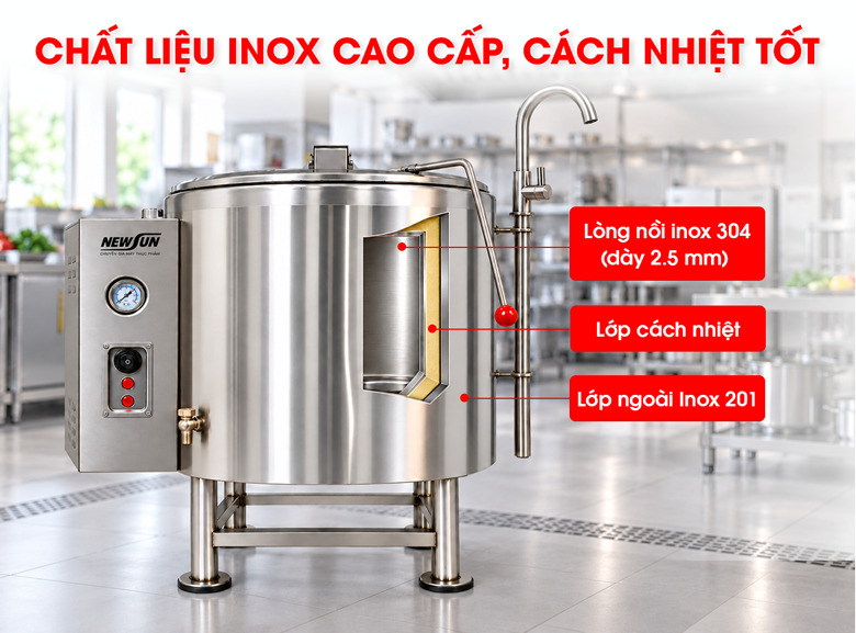 Nồi nấu súp bằng điện DNH-1E 200L Chất liệu inox chắc chắn, phù hợp sử dụng thường xuyên