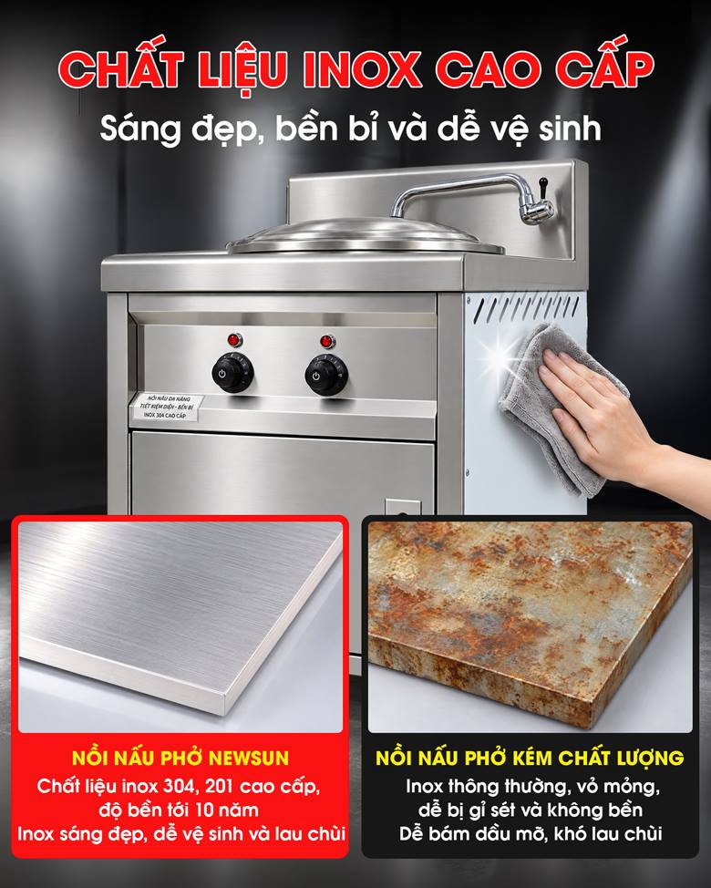 Nồi nấu phở bàn vuông 50L Nồi làm bằng inox 304 dễ vệ sinh sau mỗi ngày sử dụng